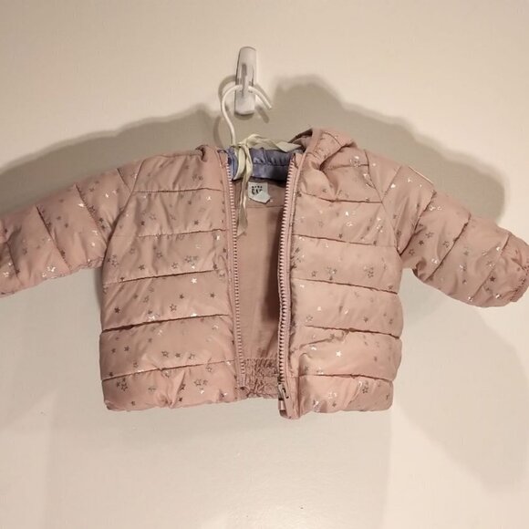 🍒2/50🍒NWOT Baby Gap Puffer Jacket 0-6 Months Salmon Pink Metallic Silver Stars - Picture 11 of 16
